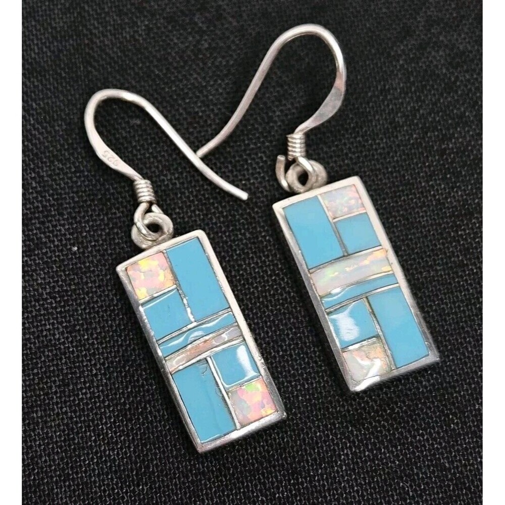 Vtg LA Sterling Silver Turquoise Fire Opal Inlay Dangle Rectangle Earrings, 925
